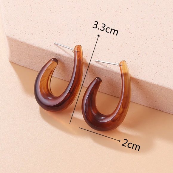 Retro Brown Resin Acrylic Oblong Oval U-Shape  Hoop Earrings NEW - Picture 5 of 6